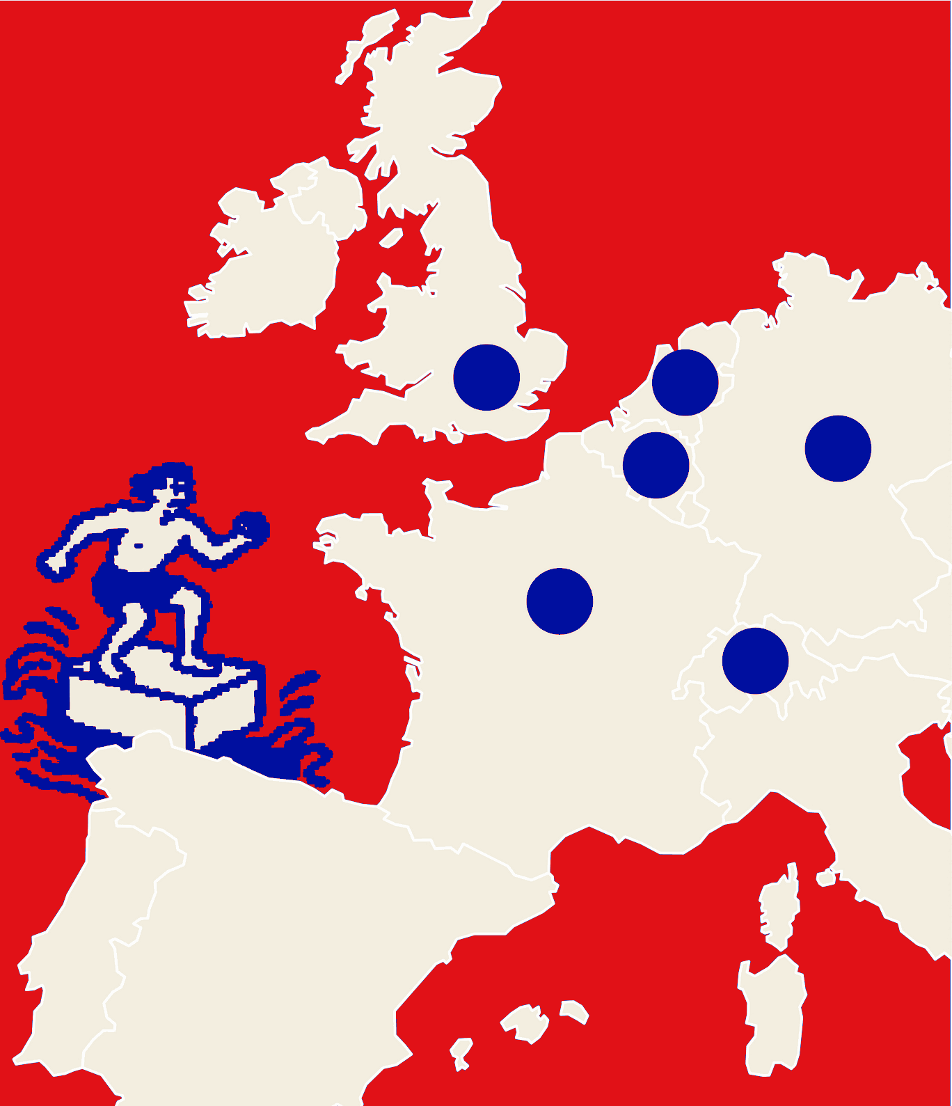 Carte de l'Europe avec les implantations Brique House visées en 2030 : France, Belgique, Luxembourg, Suisse, Royaume-Uni, Pays-Bas, Allemagne